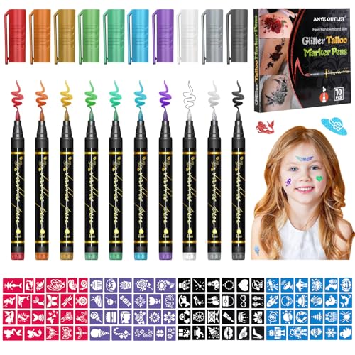 Tattoo Stifte Kinder, 10 Stück Glitzer Tattoo Kinder Tattoostifte Set für die Haut mit 8 Blätter 92 Schablonen Groß Temporäre Tattoo Henna Schablonen für Kinder Erwachsene Geburtstage Party Halloween