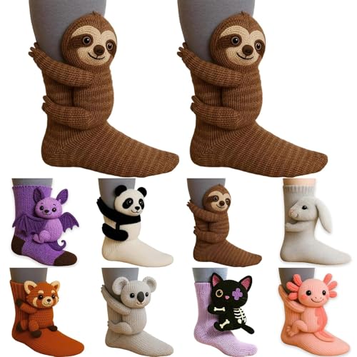 Stricksocken Damen Mit 3d Tieren, Damen Lustige Kuschelsocken Warme Socken, Winter Flauschsocken Weihnachten Wintersocken Doppellagige Tiersocken Süße Cartoon Tier Socken Umarmung Stoppersocken