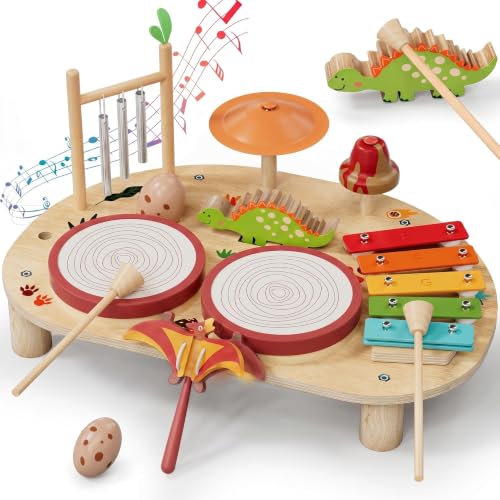Lehoo Castle Dino Schlagzeug & Xylophon Holz Kinder Musikinstrumente Tisch
