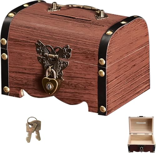 Vintage Holz Schatztruhe Spardose mit Schlüssel Kleine Schatzkisten mit Schloss, Truhe zur Aufbewahrung und Dekoration für Kindergeburtstag Schatzsuche Weihnachten