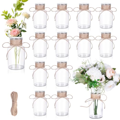 12 Stück Kleine Glasvasen, 125ml Mini Glasvasen mit Juteschnur, Vintage Blumenvasen, Deko Kleine Vasen Set für Tischdeko Hochzeit Geburtstag Party, Spülmaschinenfest