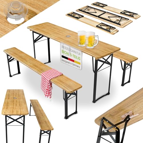 Juskys Bierzeltgarnitur Bichl 3-teilig & klappbar 170x46x77 cm - Gartenmöbel Set Biertisch & 2 Bierbänke - Festzeltgarnitur Holz Camping Garnitur