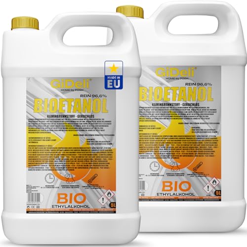 GiDeli Bioethanol 96,6% Geruchlos 2X 5L - Bio Ethanol für Tischkamin, Kamin Indoor & Outdoor - Rauchfrei und Rußfrei - Aus Mais & Zuckerrüben