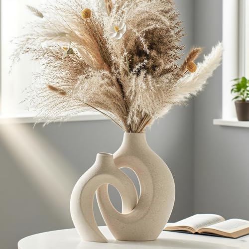 Keramik Vase, SUKIYPO 2er Set Hohle Beige Moderne Vasen für Nordisches, Vasen Deko, ästhetische Boho Blumenvase für Zuhause, Wohnzimmer, Büro, Bauernhaus, Couchtisch Dekoration