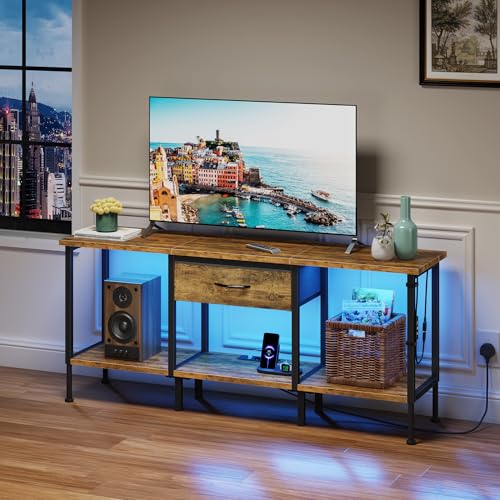 OYRREU Fernsehtisch mit Steckdose TV Cabinet mit LED-Beleuchtung TV Bank Fernsehschrank TV Ständer TV Schrank Board Table für Fernseher bis zu 55 Zoll für Wohnzimmer Schlafzimmer Vintagebraun 120 cm