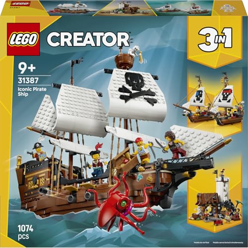 LEGO Creator 3in1 Legendäres Piratenschiff 31387 | Spielzeug ab 9 Jahren für Jungen, Modellbau mit 2 Bauoptionen: Burg oder 2 Zwillingsboote, Zimmer Deko, Geschenk, 1074 Teile