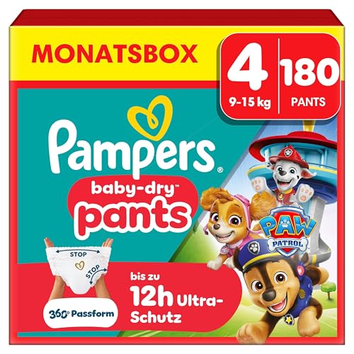 Pampers Baby-Dry Pants Paw Patrol Edition Größe 4, 180 Windeln, 9kg-15kg, 360° Passform hilft, Auslaufen zu verhindern