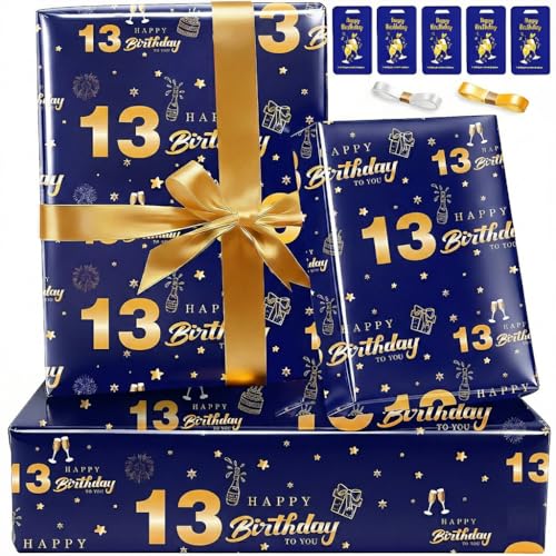 Geschenkpapier 13. Geburtstag Junge Teenager Happy Birthday Papier Luxus Geburtstagspapier Geschenkverpackung 13 Jahre Edel Blau Gold Geschenkpapier Geburtstag Papierbögen Geschenk Papier Set