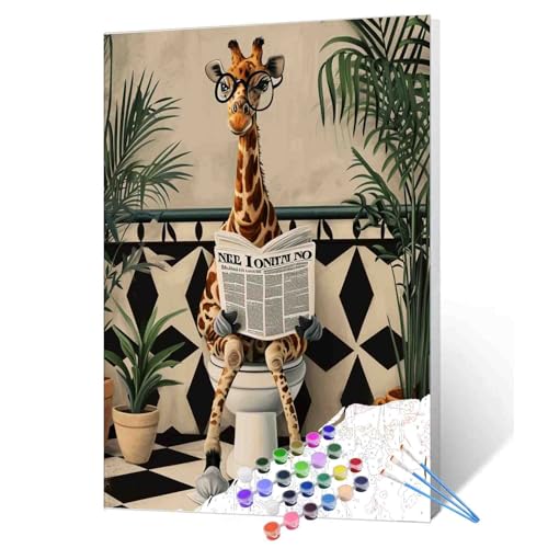 Tucocoo Malen nach Zahlen für Erwachsene, Motiv: niedliche Giraffe auf Toilette, einfaches DIY-Ölgemälde-Set auf Leinwand mit Pinseln und Acrylpigment, lustiges nordisches Tier-Badbild für