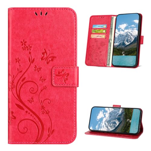 XINQCASE Handyhülle für Samsung Galaxy A3 2017 Hülle, PU Leder Prägung Klapphülle Mit Kartenfach, Flip Case Schutzhülle für Samsung A3 2017, Rot