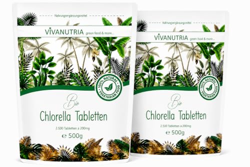 VivaNutria Bio Chlorella Tabletten 1000g | 5000 Presslinge | 100% reine Bio Algen-Tabletten ohne Zusätze | 6-Monats-Packung | hochdosiert | biozertifiziert | Zip-Beutel | vegan