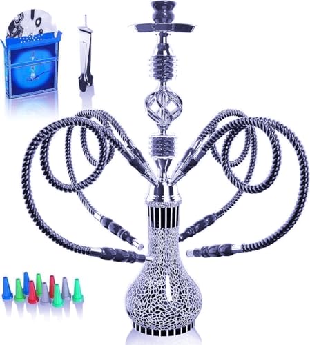 Shisha Komplettset mit 4 Schläuchen, 22'' Großes Shisha Kit für bis zu 4 Personen mit allem inklusive, Keramikschüssel | Premium-Schlauch| Schöne Glasvase (Schwarz QL8)
