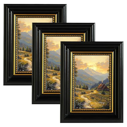 twirush 3 Stück Bilderrahmen Vintage Set, 10x15 cm Bilderrahmen Retro Quadrat, Fotorahmen zum Aufstellen und Aufhängen, Fotorahmen Schwarz für Wohnzimmer, Schlafzimmer, Büro Galerie