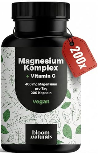 Magnesium Komplex hochdosiert - 200 Kapseln - 400 mg Magnesium pro Tag + Vitamin C, mit Bisglycinat, Citrat, Oxid, L-Ascorbat, Malat, vegan & produziert in Deutschland