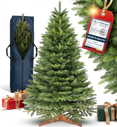 Amari ® Künstlicher Weihnachtsbaum 220 cm – Nordmanntanne naturgetreu mit Spritzguss-Spitzen, faltbar, inkl. Holzständer & Aufbewahrungstasche – Tannenbaum künstlich, Christbaum