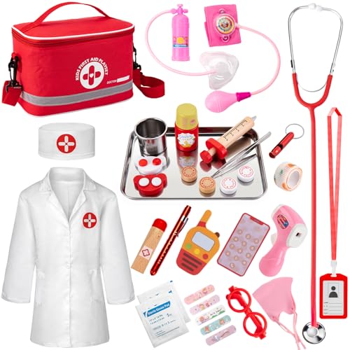 Arztkoffer Kinder Holz, 34-teiliges Doktorkoffer mit Stethoskop, Thermometer, Spritze, Arzttasche und Arztkittel - Geschenk für Kinder Rollenspiele Spielzeug ab 3 Jahren