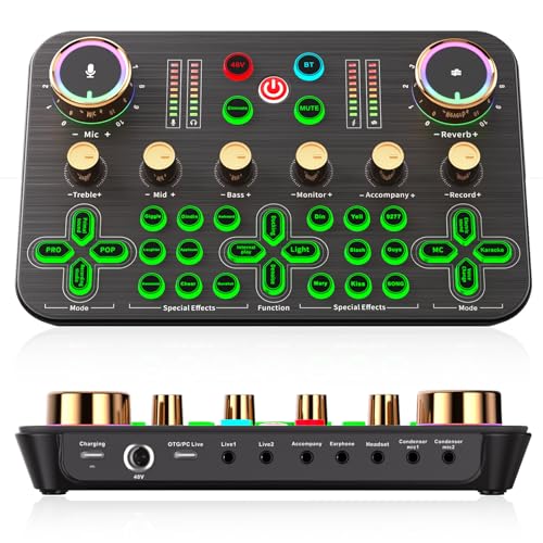 Facmogu K600 Gaming-Audiomixer, DJ-Mixer mit integrierter 48-V-Phantomspeisung, Streaming-Audiomixer mit XLR-Mikrofonunterstützung, Live-Soundkarte für Telefon, PC, Live-Streaming und Podcasting