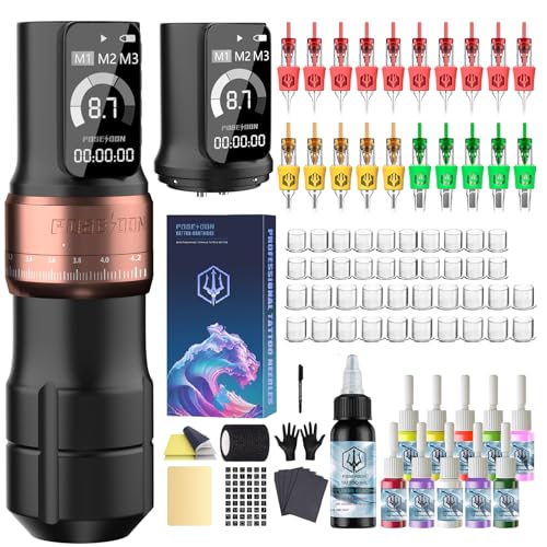 POSEIDON Kabellose Tätowiermaschine Kit mit 7 Hub-Einstellungen, zwei 2300mAh Akkus, Normal-/Punktier-Modus & LED-Display - Professionelles drahtloses Tätowiergerät (HM147)
