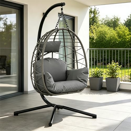 Hängesessel Mit Gestell Bis 150 kg, Outdoor Rattan Hängesessel Mit Metallgestell, Komfortabler Hängesitz Indoor Mit Waschbaren Kissen, Für Garten, Terrasse & Balkon