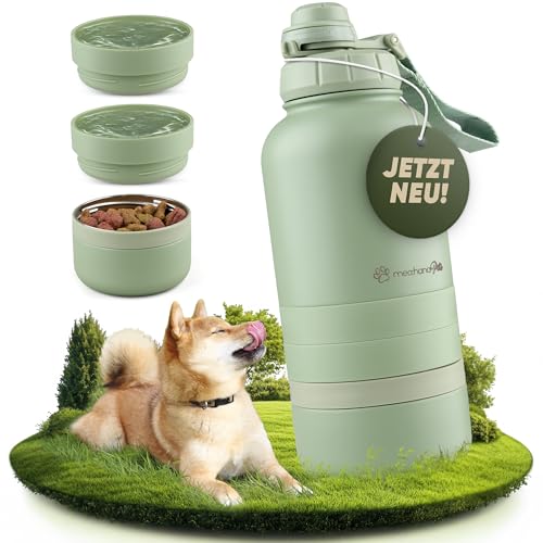 mea:hana Pets Hundetrinkflasche für unterwegs 1l mit Näpfen -Ideal für Reisen,Outdoor- Isolierte Edelstahl Flasche mit Napf, Hundezubehör, Hundeflasche mit Futterbehälter - GRATIS Tragegriff
