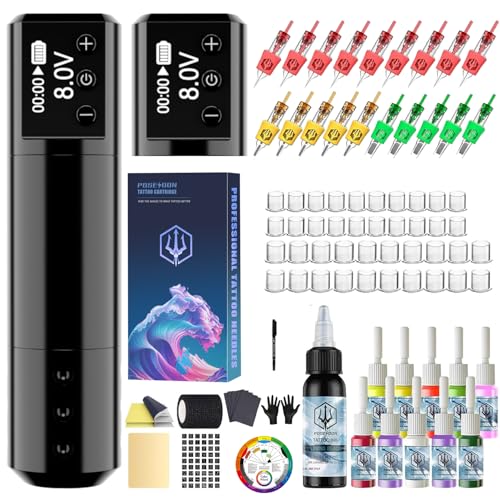 POSEIDON Tattoo Pen Kit, Kabelloses Tattoo-Machine-Set mit 2 Akkus & 20 Tattoo-Kartuschennadeln, LED-Display, Komplettes Tattoo-Zubehör für Anfänger