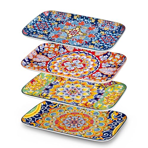 vancasso Servierplatten Porzellan, SIMI Rechteckige Servierplatte 4er Set, Böhmischer Speiseteller, Teller Set 4 Personen 30,8 x 19 x H 2,4cm