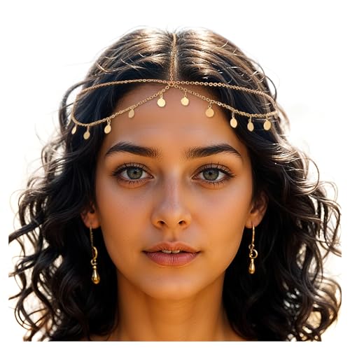 Ouligay Göttin Kopfkette Gold Damen Wahrsagerin Kopfschmuck Gold Pailletten Boho Quaste Haarkette Kopf Ketten Schmuck, Hochzeit Braut Festival Kostüm Haarschmuck für Frauen und Mädchen