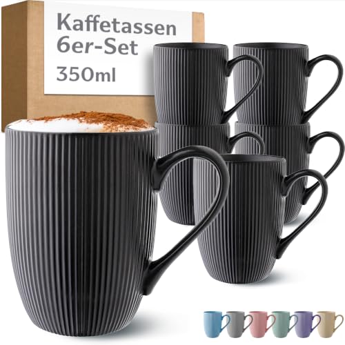 Cosumy Kaffeetassen 6er Set in Schwarz Matt 350ml - Einzigartiges Streifenmuster - Keramik - Mikrowellenfest - Spülmaschinenfest & Komfortabler Griff - Schwarze Tassen - Modern