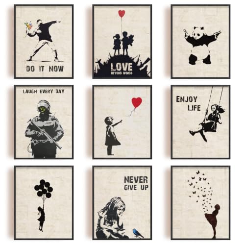 INFUNLY 9er Set Banksy Wand Kunstdruck Ungerahmt Graffiti Street Leinwand Wandkunst Inspirierende Zitate Panda Bild Abstrakt Street Pop Art Wandposter 8x10 für Schlafzimmer Wohnzimmer