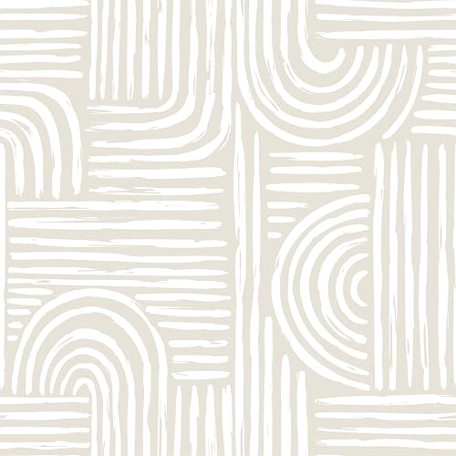 Decotalk Tapete Schlafzimmer Modern Beige Nahtloses Geometrisches Bogenmuster 44.5X900cm Selbstklebende Tapete Beige Muster Moderne der Mitte Abstrakte Boho-Bogenlinien fur Wohnzimmer Schlafzimmer