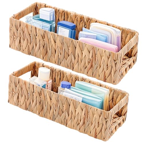 Aufbewahrungskörbe Geflochten mit Griffen, 2 Stück Rattankorb Badezimmer Körbchen, Regalkörbe Handgewebt, Aufbewahrungskorb für Handtuch Toilettenpapier Aufbewahrung, Wasserhyazinthe