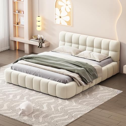 DULRLLY Bubble Bett 140x200, Bett 140x200 mit Lattenrost, Jugendbett mit Gepolstertes Kopfteil, Polsterbett Bettgestell für Schlafzimmer und Gästezimmer, ohne Matratze, Leinenstoff (Beige)