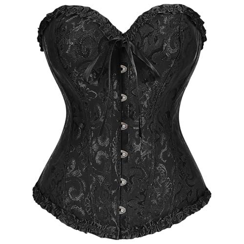 JasGood Damen Korsett Top Vollbrust Corsage Vintage Bustier Corset Gothic Schnürkorsett Bustier Overbust Dessous für Halloween Karneval Freizeit,Schwarz,L