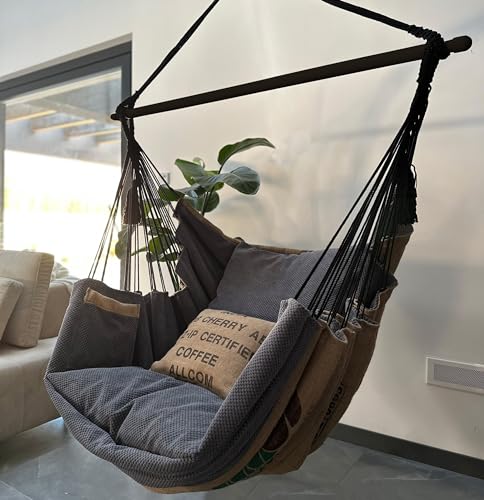 Izabell Hängesessel mit Großen Kissen – XXL Schaukelstuhl und Hängematte für Indoor & Outdoor – Coffee Swing aus Jutesäcken von Kaffeeröstereien