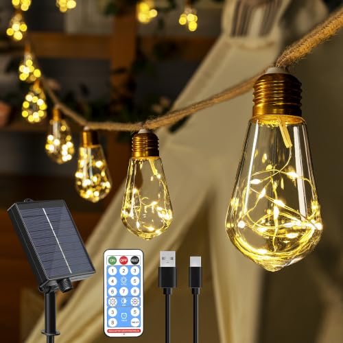 Ollny Solar Lichterkette Aussen, mit 16 S17 Glühbirnen 8M Lichterketten Außen Wetterfest, 8 Modi Timer Dimmbar USB für Vintage Garten Balkon Terasse Hochzeit Party