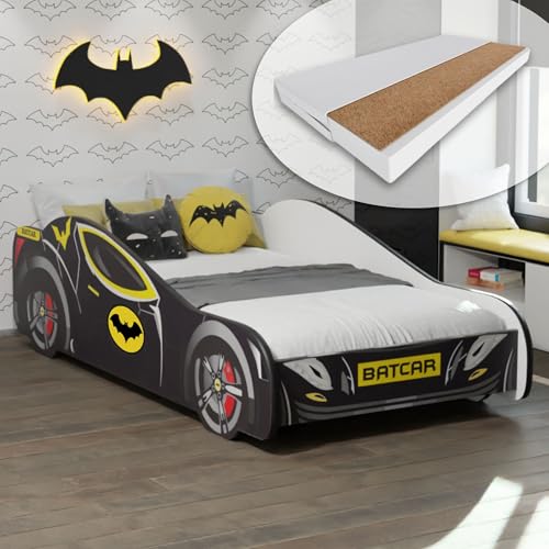 Kids Collective Autobett 80x160 cm Kinderbett Jugendbett mit Rausfallschutz & Matratze | Kinder Spielbett Batman Batmobil Bat Car Auto Bett in schwarz | von 3. bis 10. Lebensjahr