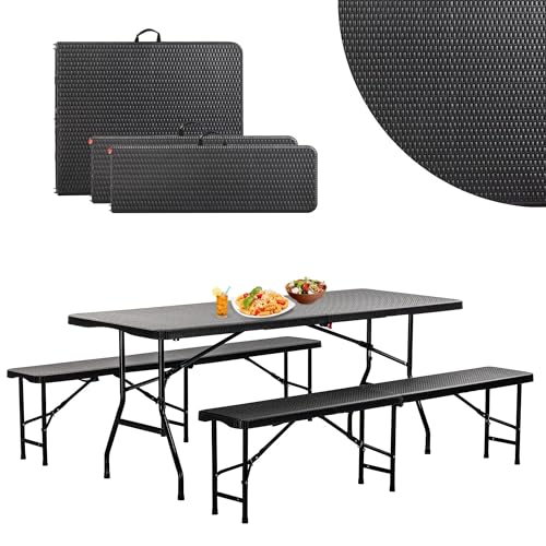 DIVID® Bierzeltgarnitur 3-teilges Set|Tisch u. 2 Bänke|Für drinnen und draußen|klappbar mit Tragegriffe|HxBxT: 73x180x75cm|Gartentisch - Buffettisch - Leicht zu Transportieren (DIV-201/RATTAN Set)