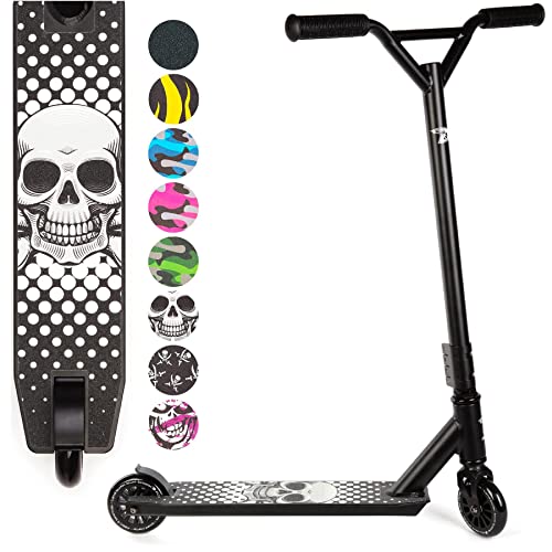 Land Surfer Stunt Scooter - Stunt Roller für Kinder ab 8 Jahren und Junge Erwachsene mit 360 Grad Deck, 100 mm High PU-Räder mit ABEC-9 Kugellager und Geschenkbox - Schwarzer Schädel