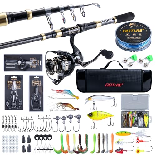 Goture Angelset mit Teleskop-Angelruten (24T Carbon), 2,1m Angelrute Set Komplett 5.2:1 Spinnrolle, 150m/14kg Schnur, Köderbox & Tragetasche – für Salz-/Süßwasser, Reisen–Angelgeschenk