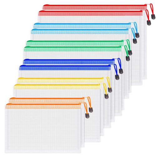 Koogel 12 Stück Dokumententaschen mit Reißverschluss, 6 Größen & 6 Farben, Wasserdichte Mesh Dokumentenmappe für Rechnung, Datei, Kosmetik, Bürobedarf, Hausaufgaben, Schule & Reise