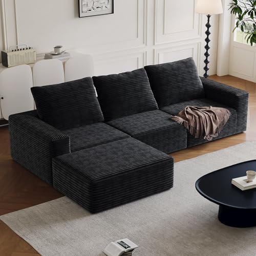 OOFAYJIA Ecksofa mit Schlaffunktion, Modulare Wohnlandschaft, 3-Sitzer L-Form Sofa Schlafcouch mit 3 Kissen, Maße 278 x 92 × 60 cm, Schwarz