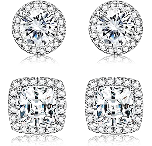 Dochais 2 Paar Ohrstecker Silber 925 Herren Damen Hypoallergene Cubic Zirkonia Ohrstecker Ohrringe Stecker 14K Vergoldete Runder Quadrat Ohrringe Set für Männer Frauen Schnuck Geschenke Silber