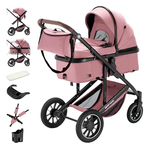 Daliya® FLEXI-PRO M 2in1 Kombikinderwagen & Buggy – XXL-Set, Reise-Kinderwagen mit Einhand-Abnahme, Wetterschutz, Sportsitz, Wickeltasche, Spieltisch, Regenschutz, dicke Matratze (Rosa Leinen)