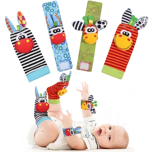 HAGOT 4PCS Rassel Baby Socken, Handgelenk Rasselsocken und Fußfinder Baby Spielzeug, Babyspielzeug Handgelenk, Neugeborenen-Spielzeug, Babyspielzeug Lernspielzeug, für 0-12 Monate