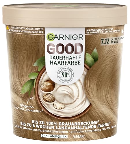 Garnier GOOD Dauerhafte Haarfarbe 7.12 Latte Macchiato Braun – Coloration ohne Ammoniak, bis zu 100% Grauabdeckung, 1 Stk.