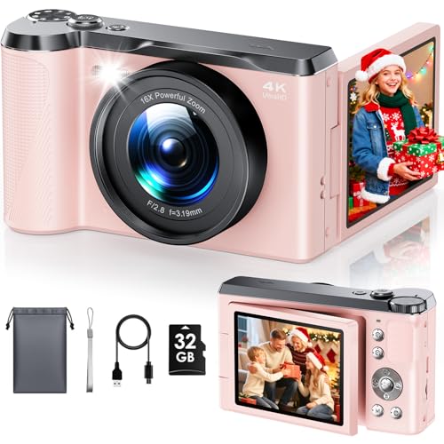 Digitalkamera 4K 56MP Focusinc Kamera Fotokamera mit 3'' 180° Klapp-Bildschirm, 16X Autofokus Digitalzoom Kompaktkamera mit 32G Karte, Vlogging-Kamera für Kinder Teenager Anfänger