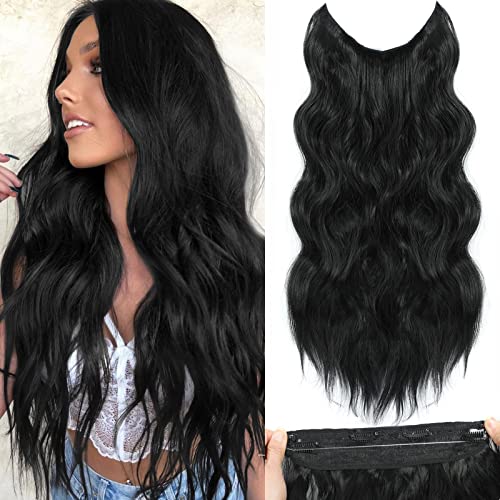 BUPPLER Haarverlängerung 50,8 cm Invisible Secret Hair Extensions Verstellbare Lange Gewellte Haarextension Synthetisches Upgrade 4 Sichere Clips in Haarteilen,Scharfschwarz