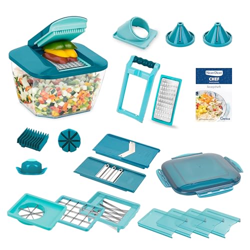 Nicer Dicer Chef Professional Gemüsescheider 23-tlg. Gemüsehobel manuell mit 5.2L großem Auffangbehälter Frischhaltedeckel, Spiraleinsätze, Tomatenschneider, Julienne, Salatschneider mit Rezeptbuch