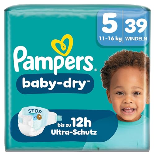 Pampers Baby-Dry Größe 5, 39 Windeln, 11kg-16kg, Bis zu 100% Auslaufschutz & Komfort die ganze Nacht