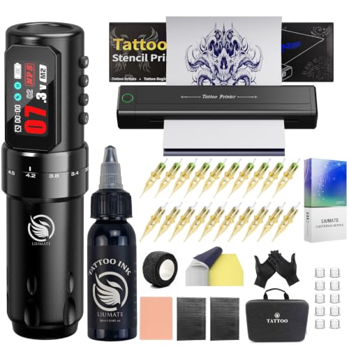 Tattoo Maschine Set, Stencil Drucker Set mit Kabelloser Tätowiermaschine
